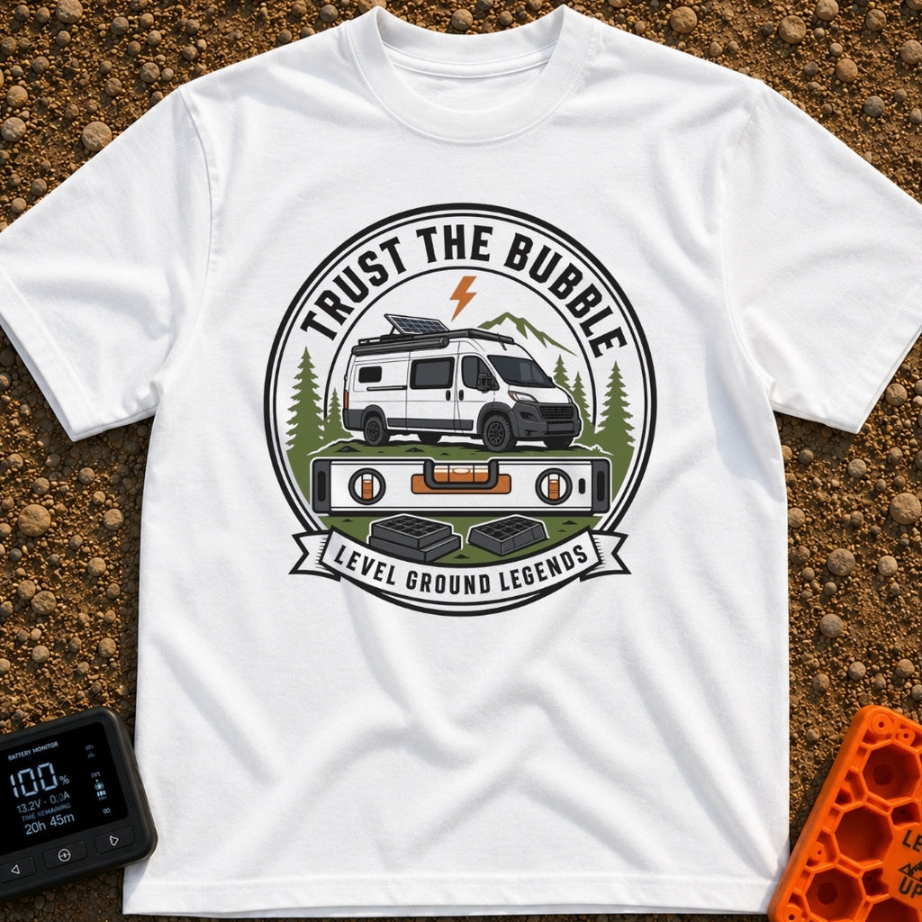 Level Ground Legends - T-Shirt in White - A circular badge illustration showing a white camper van with a roof-mounted...
