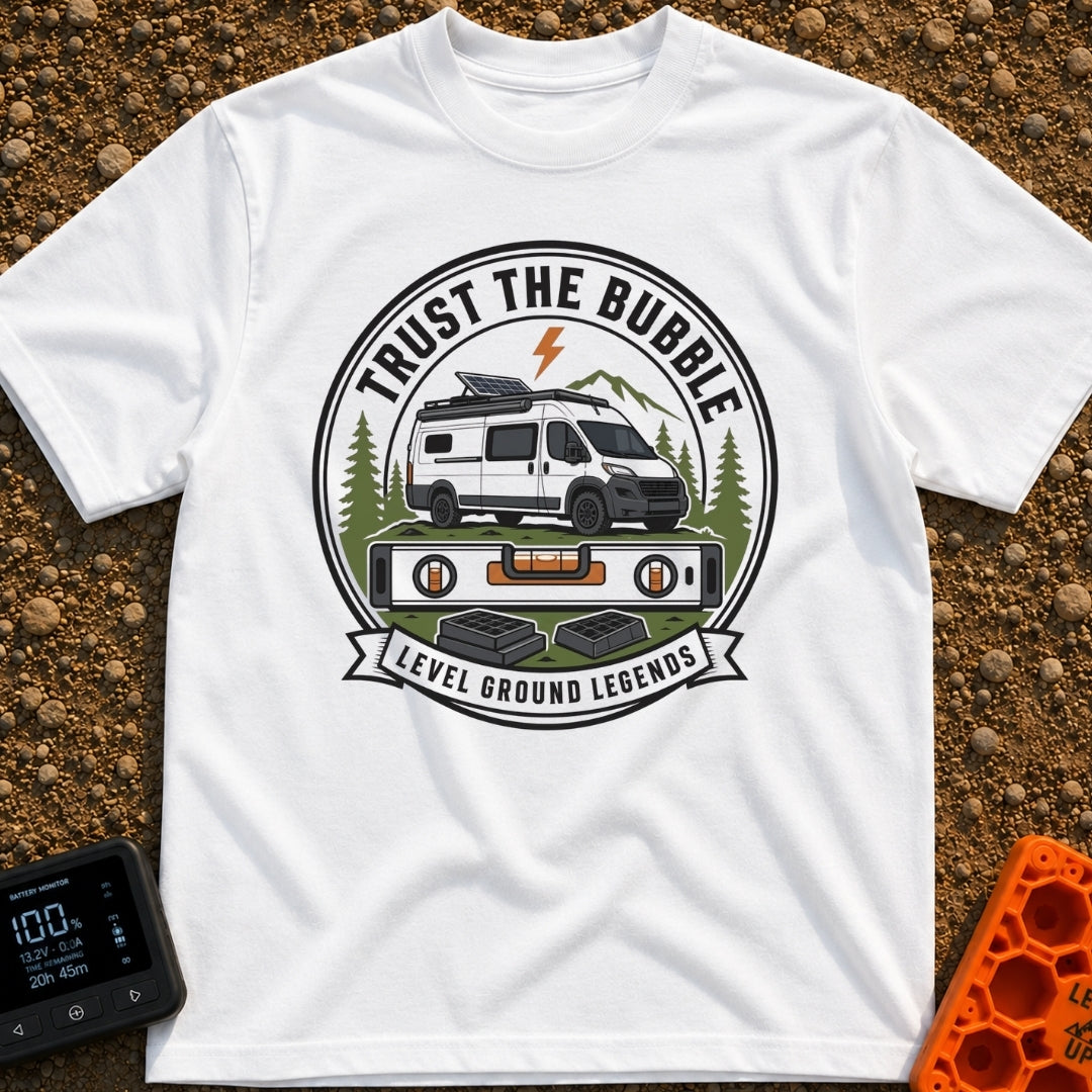 Level Ground Legends - T-Shirt in White - A circular badge illustration showing a white camper van with a roof-mounted...