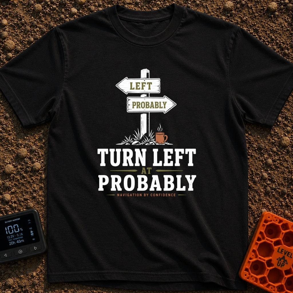 Turn Left At Probably - T-Shirt in Black - A rustic wooden directional signpost with an arrow pointing left reading...