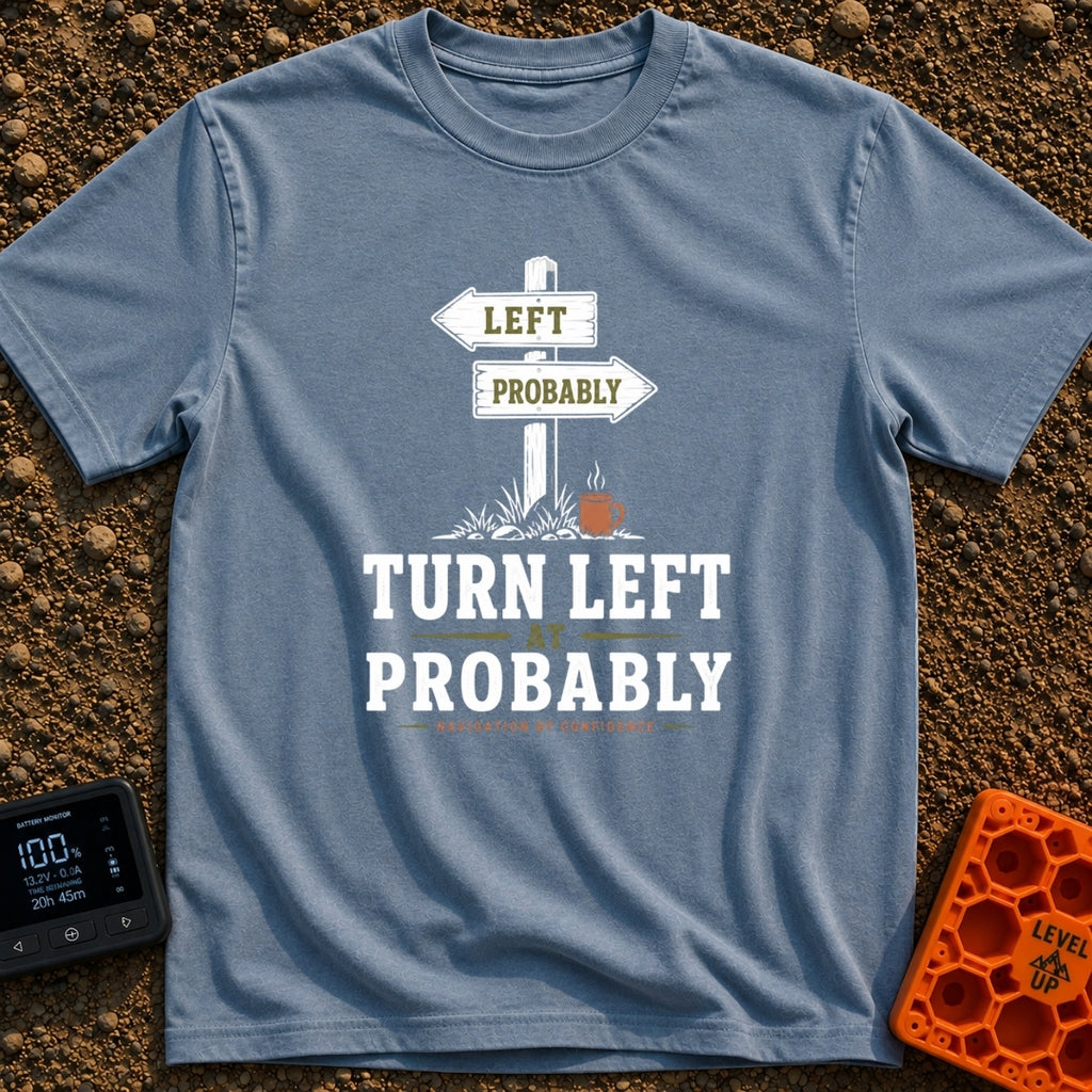 Turn Left At Probably - T-Shirt in Blue Jean - A rustic wooden directional signpost with an arrow pointing left reading...