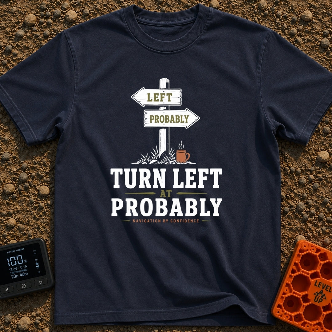 Turn Left At Probably - T-Shirt in Navy - A rustic wooden directional signpost with an arrow pointing left reading "LEFT"...