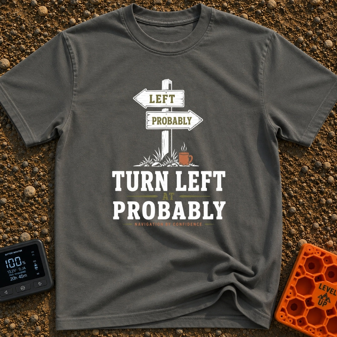 Turn Left At Probably - T-Shirt in Pepper - A rustic wooden directional signpost with an arrow pointing left reading...