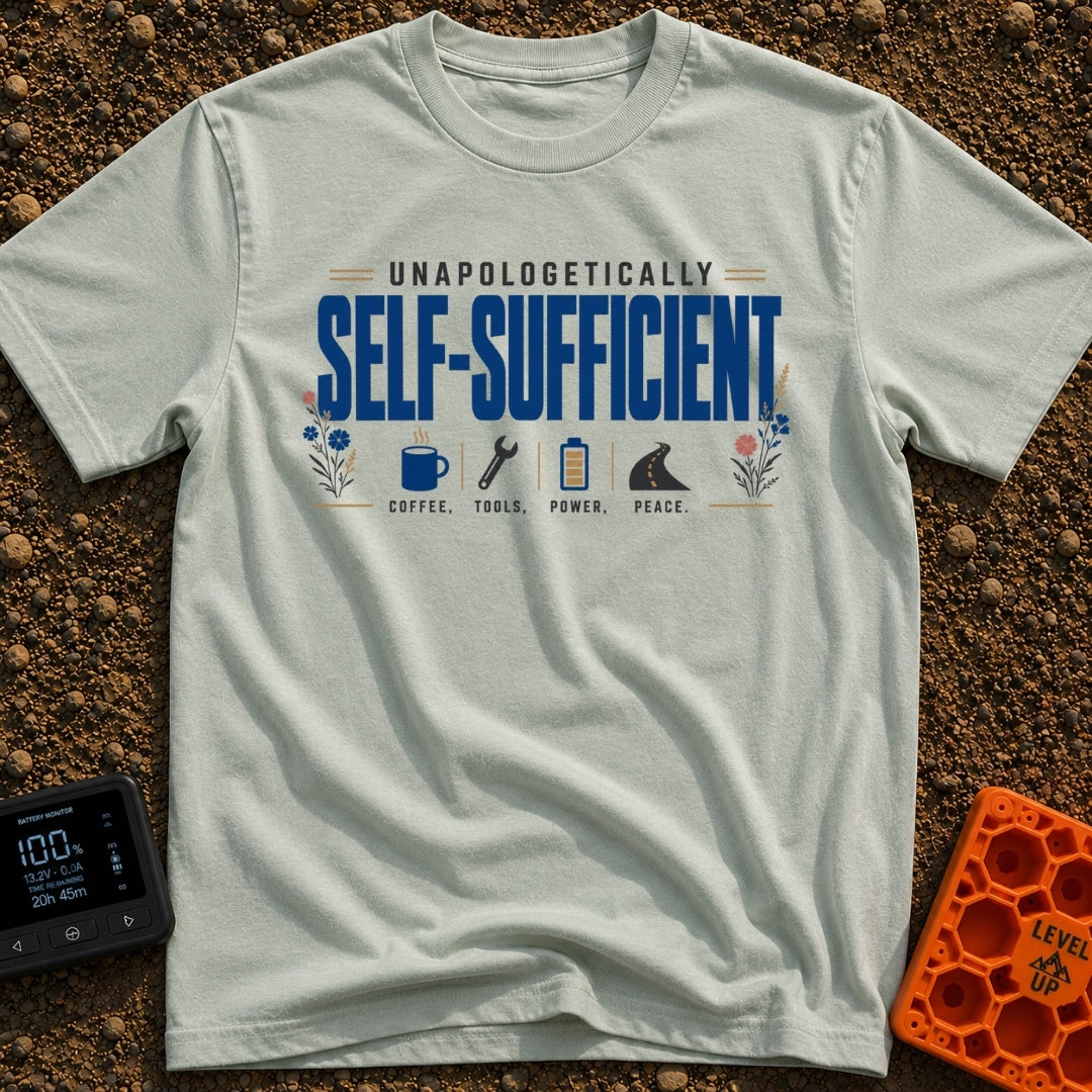 Unplugged And Unbothered - T-Shirt in Bay - The design features the text "UNAPOLOGETICALLY SELF-SUFFICIENT" prominently...