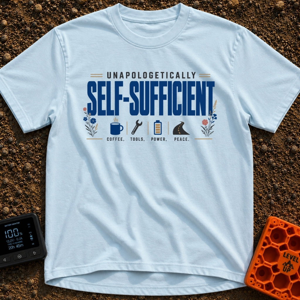 Unplugged And Unbothered - T-Shirt in Chambray - The design features the text "UNAPOLOGETICALLY SELF-SUFFICIENT"...