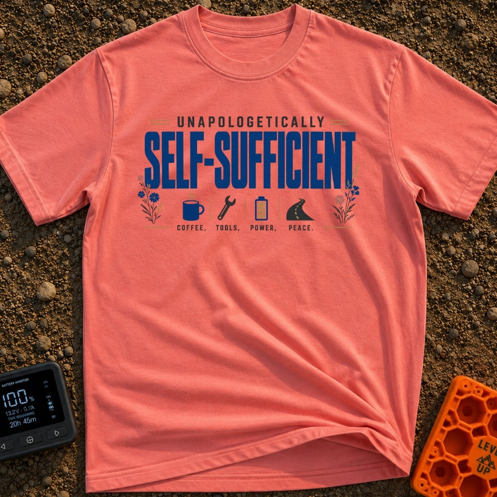 Unplugged And Unbothered - T-Shirt in Watermelon - The design features the text "UNAPOLOGETICALLY SELF-SUFFICIENT"...