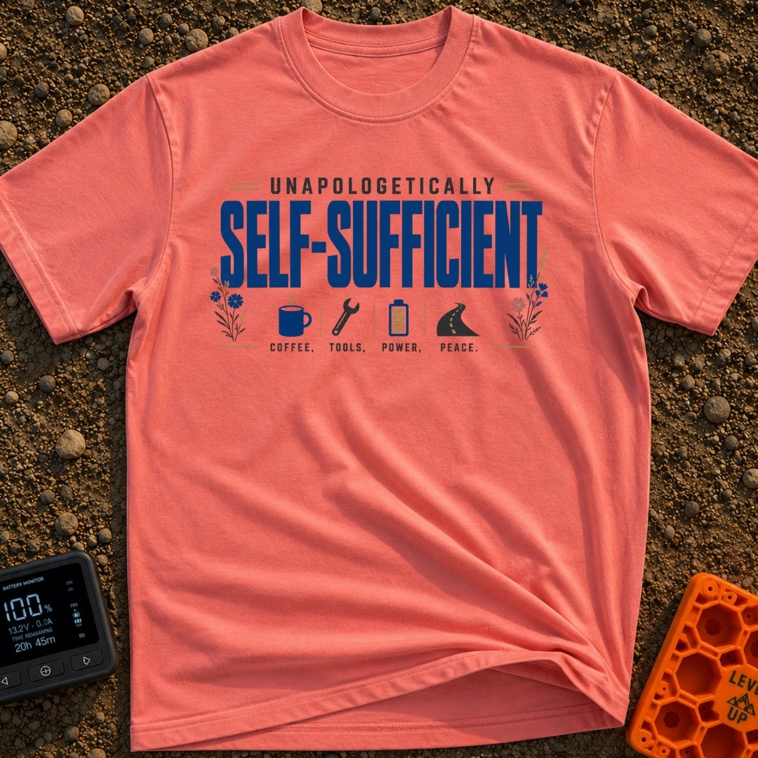 Unplugged And Unbothered - T-Shirt in Watermelon - The design features the text "UNAPOLOGETICALLY SELF-SUFFICIENT"...