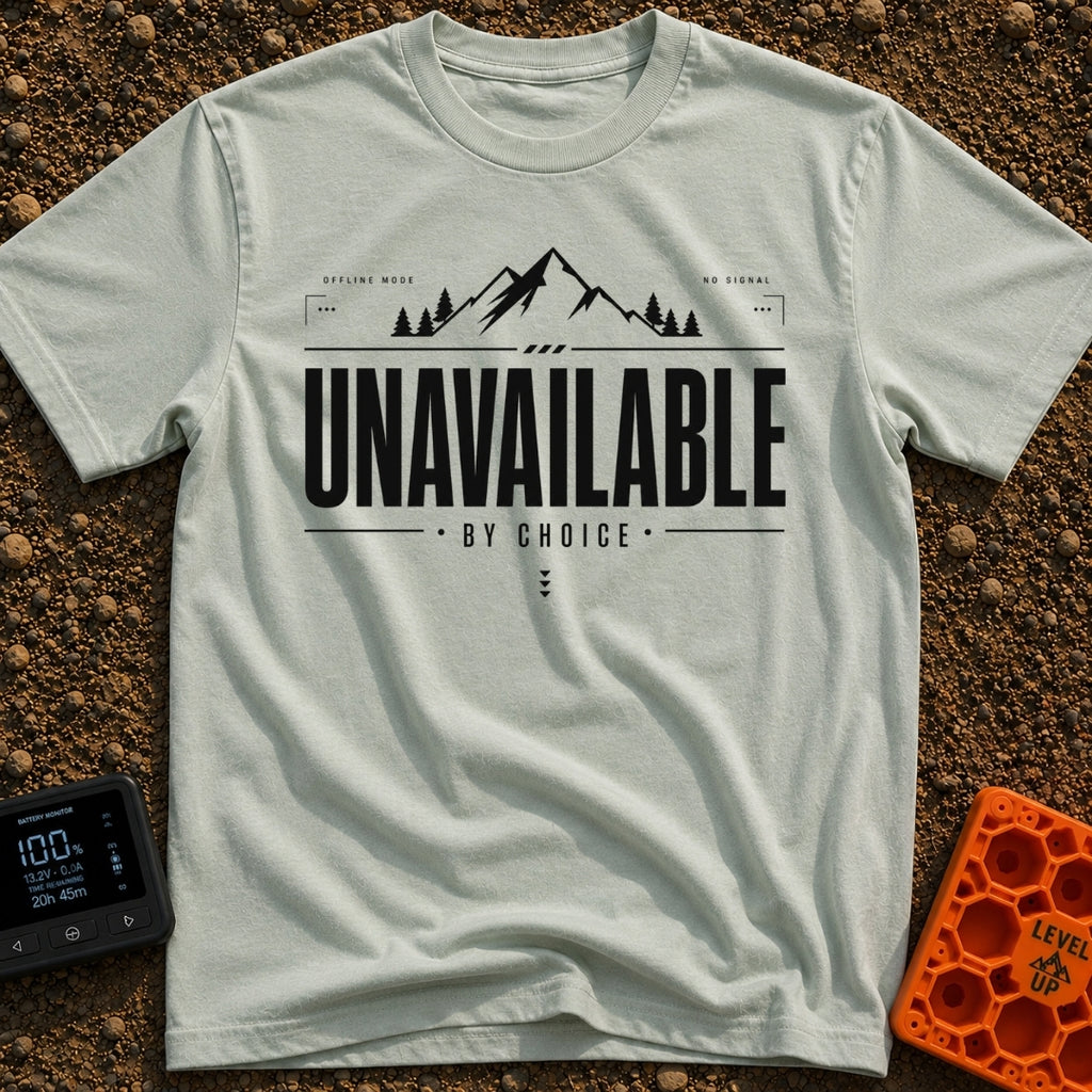 Out Of Service Area - T-Shirt in Bay - A black and white typographic design featuring a silhouette of a mountain peak...