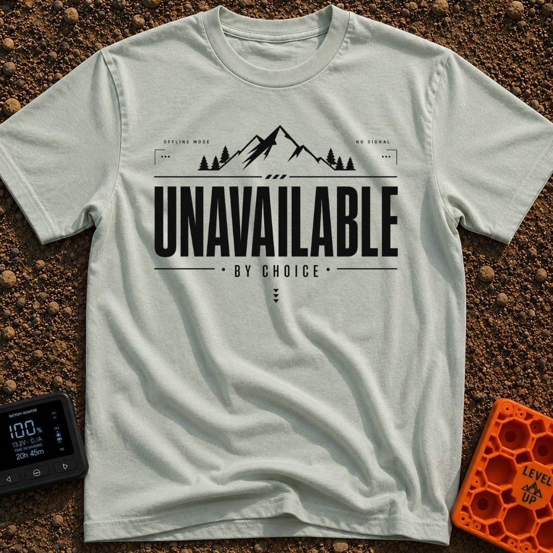 Out Of Service Area - T-Shirt in Bay - A black and white typographic design featuring a silhouette of a mountain peak...