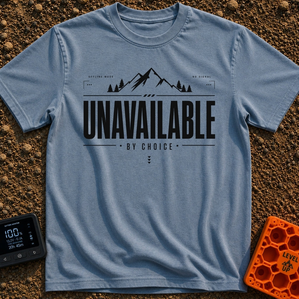 Out Of Service Area - T-Shirt in Blue Jean - A black and white typographic design featuring a silhouette of a mountain...