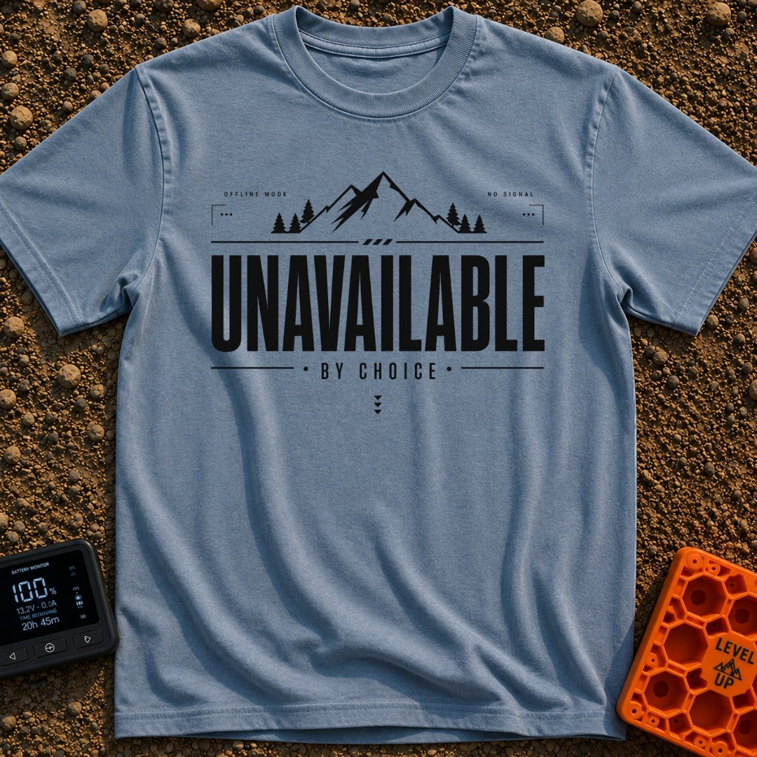 Out Of Service Area - T-Shirt in Blue Jean - A black and white typographic design featuring a silhouette of a mountain...