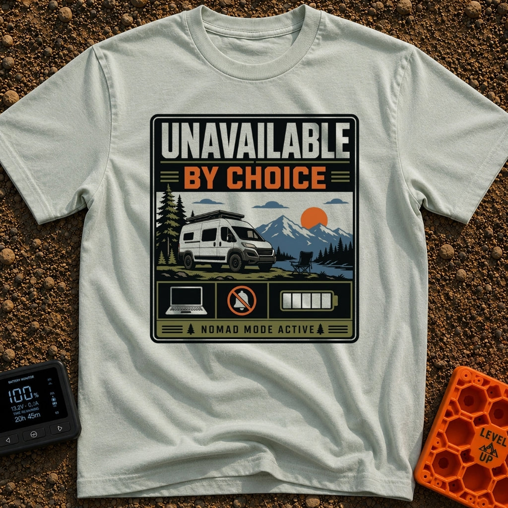 Offline By Design - T-Shirt in Bay - A graphic featuring a white camper van parked by a lake with an empty camp chair,...