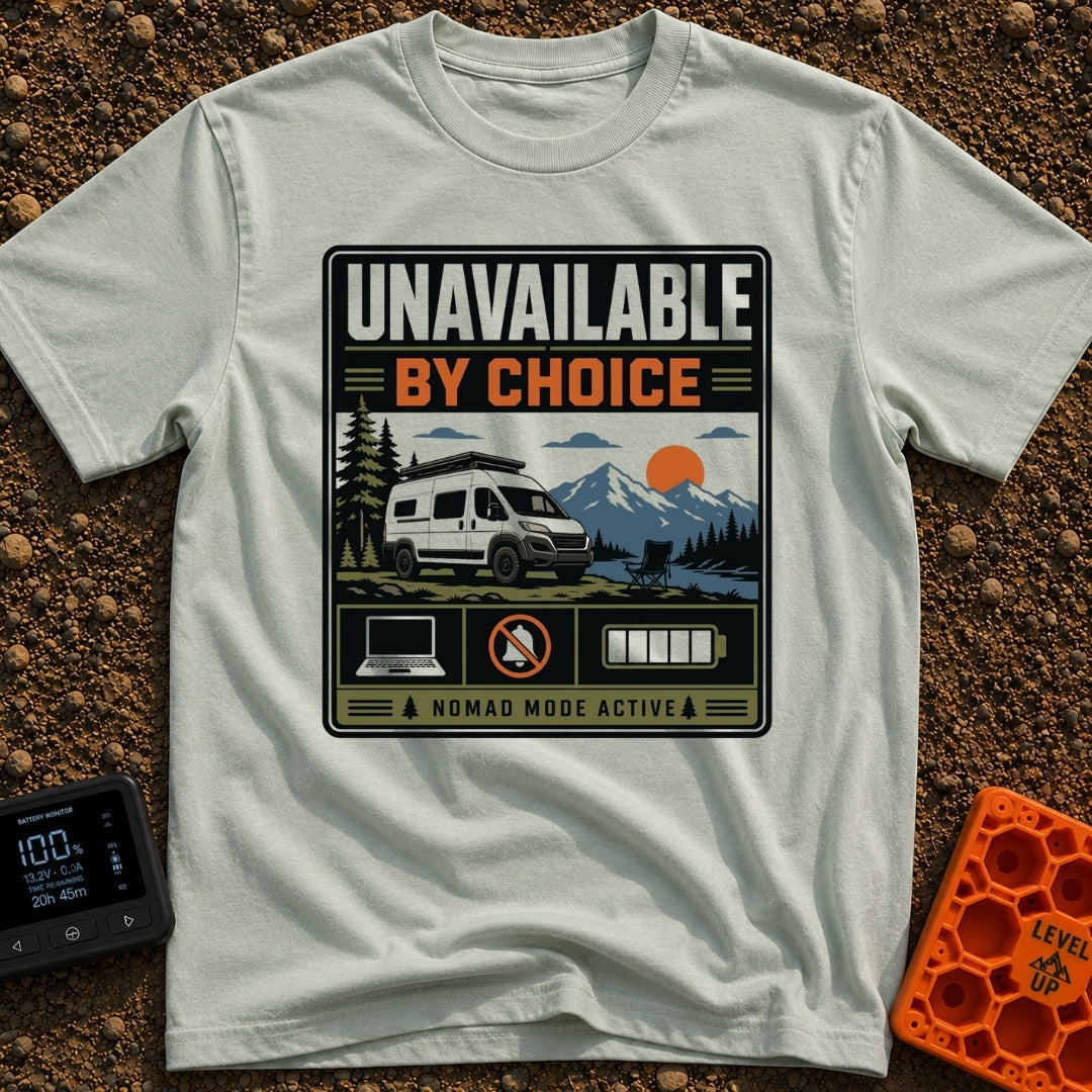 Offline By Design - T-Shirt in Bay - A graphic featuring a white camper van parked by a lake with an empty camp chair,...