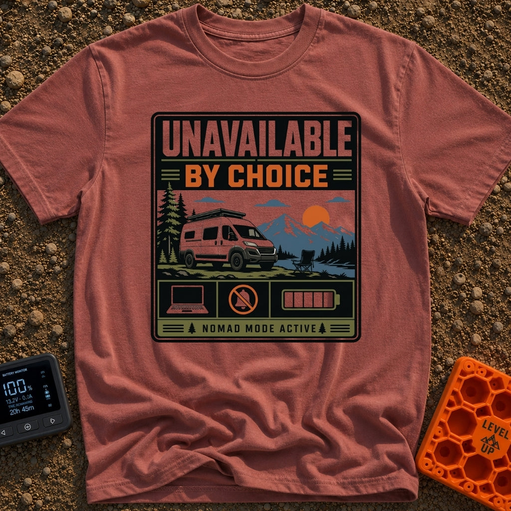 Offline By Design - T-Shirt in Brick - A graphic featuring a white camper van parked by a lake with an empty camp chair,...