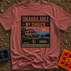 Offline By Design - T-Shirt in Brick - A graphic featuring a white camper van parked by a lake with an empty camp chair,...