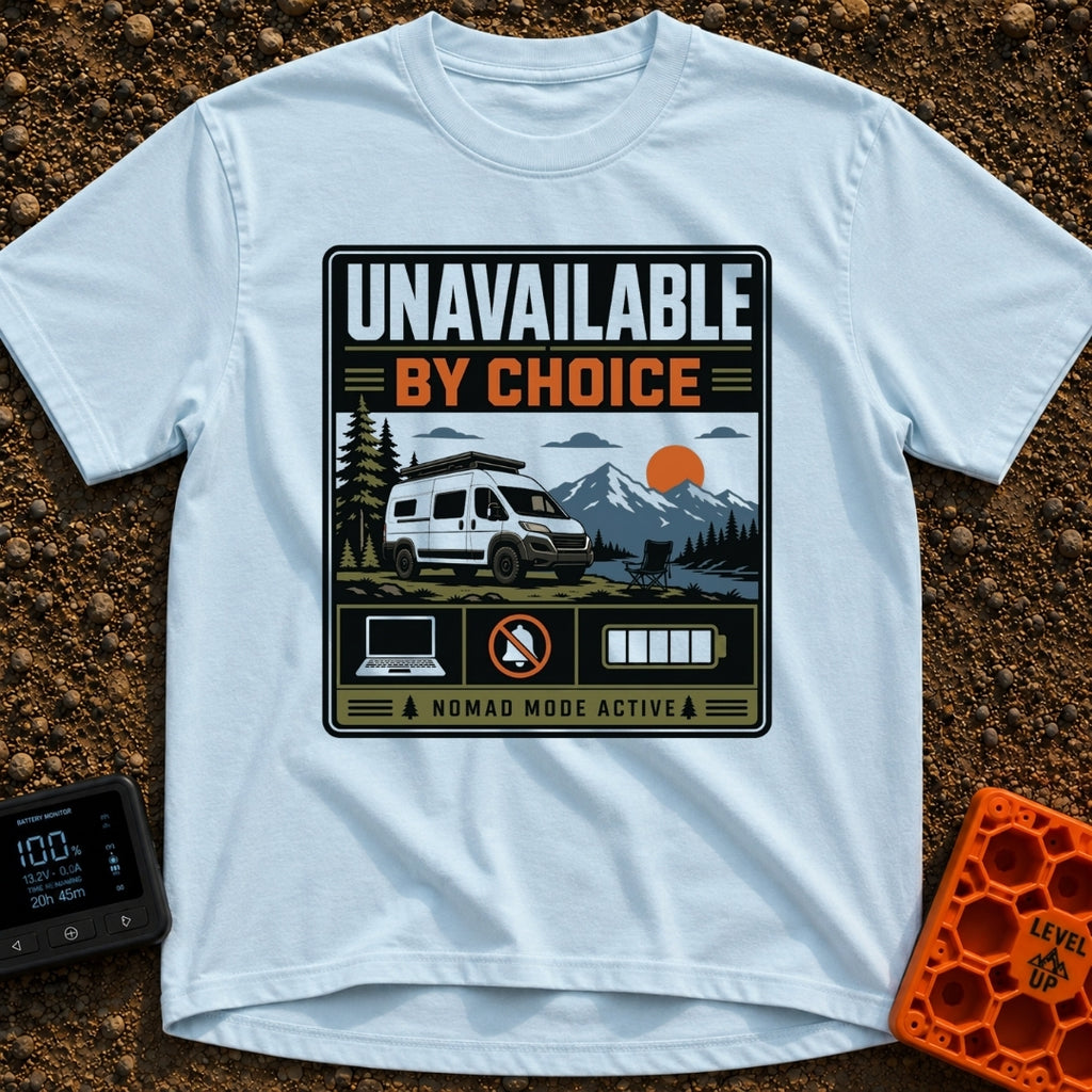 Offline By Design - T-Shirt in Chambray - A graphic featuring a white camper van parked by a lake with an empty camp...