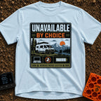 Offline By Design - T-Shirt in Chambray - A graphic featuring a white camper van parked by a lake with an empty camp...
