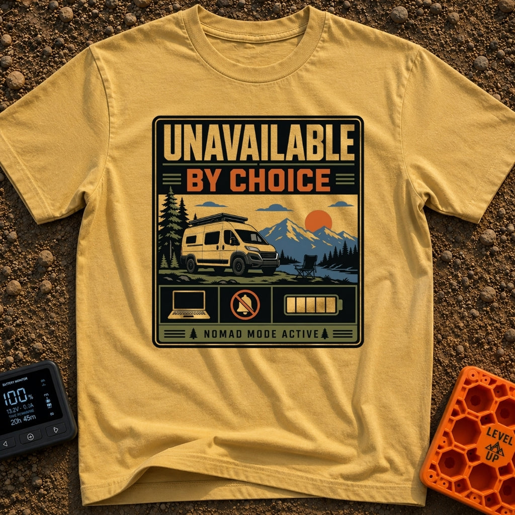 Offline By Design - T-Shirt in Mustard - A graphic featuring a white camper van parked by a lake with an empty camp...