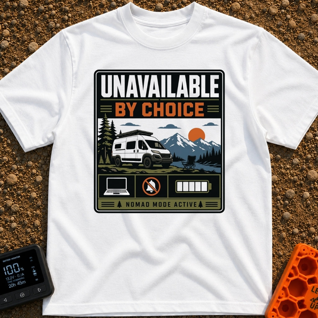 Offline By Design - T-Shirt in White - A graphic featuring a white camper van parked by a lake with an empty camp chair,...