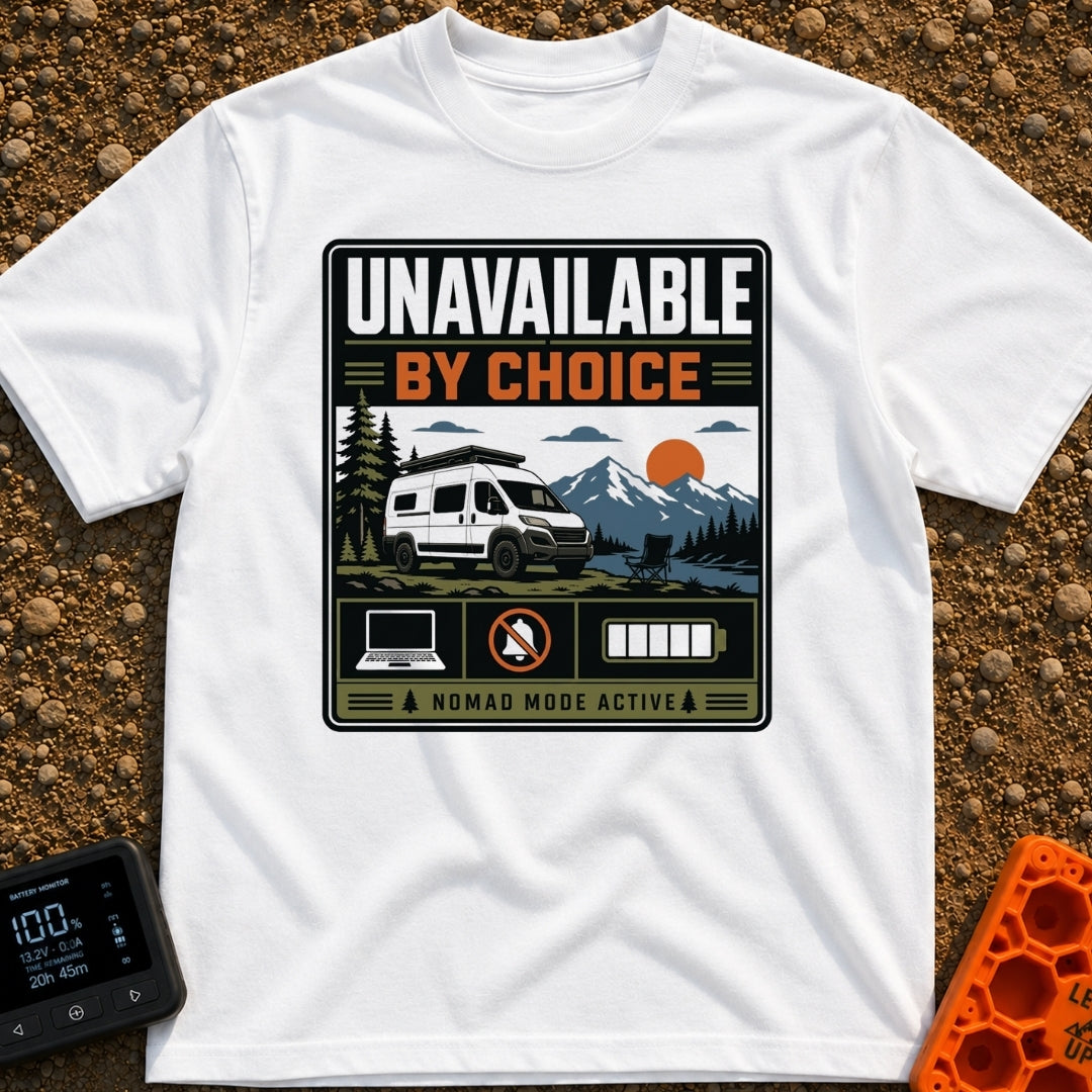 Offline By Design - T-Shirt in White - A graphic featuring a white camper van parked by a lake with an empty camp chair,...