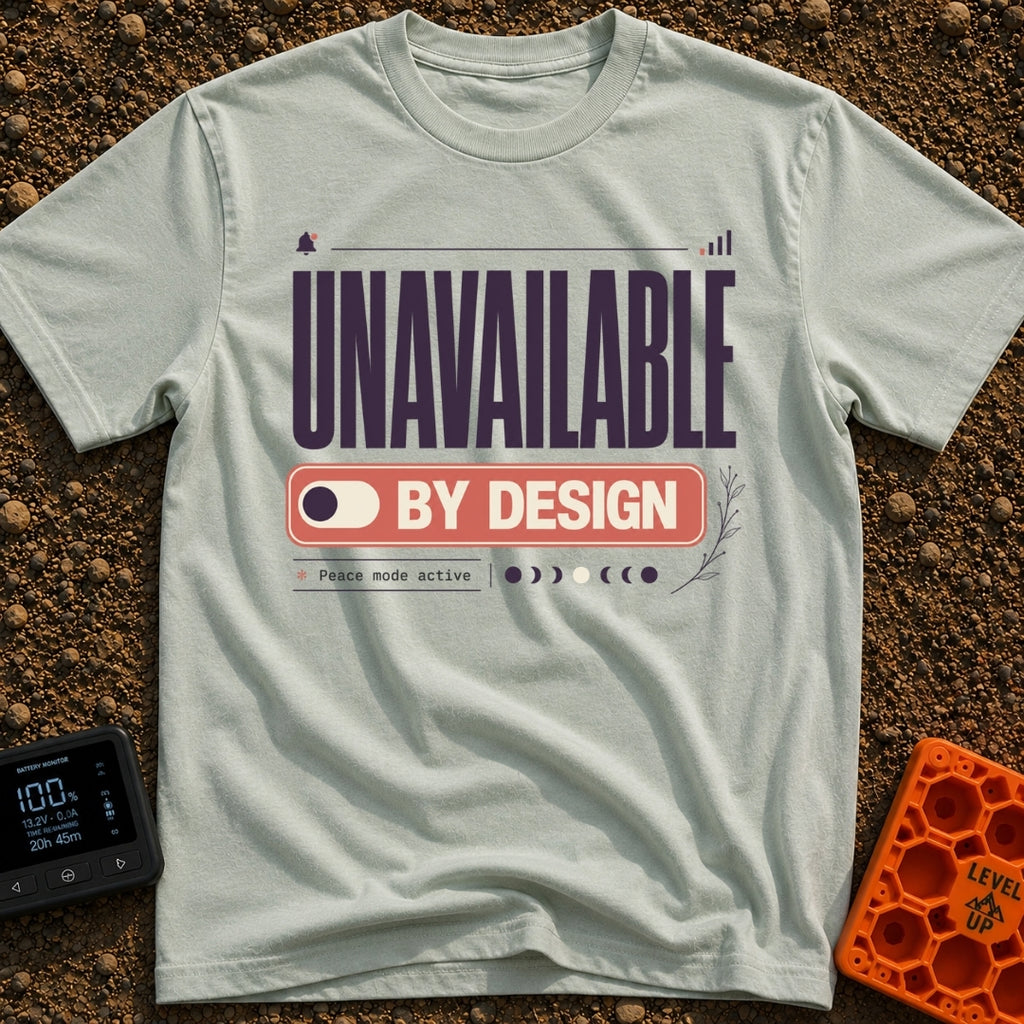 Peace Mode Toggle - T-Shirt in Bay - The design features the text "UNAVAILABLE" in large, tall letters above a toggle...