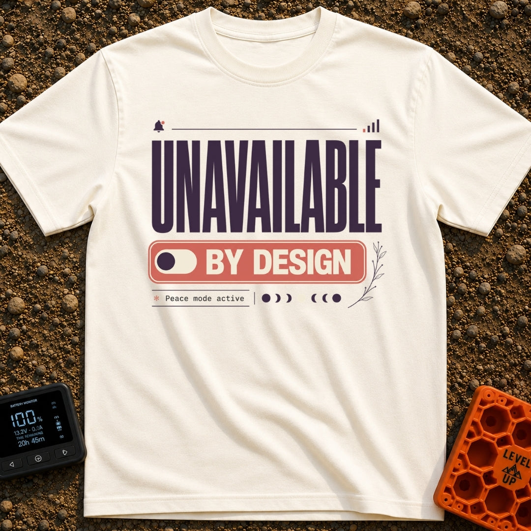 Peace Mode Toggle - T-Shirt in Ivory - The design features the text "UNAVAILABLE" in large, tall letters above a toggle...