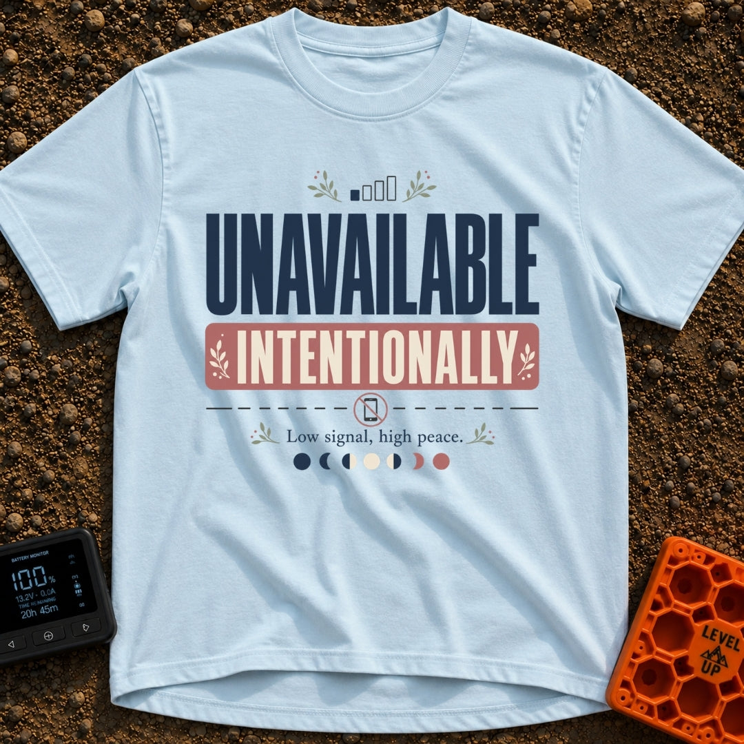 Off Grid On Purpose - T-Shirt in Chambray - Typographic design reading "UNAVAILABLE INTENTIONALLY" and "Low signal, high...