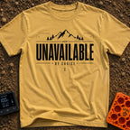 Out Of Service Area - T-Shirt in Mustard - A black and white typographic design featuring a silhouette of a mountain peak...