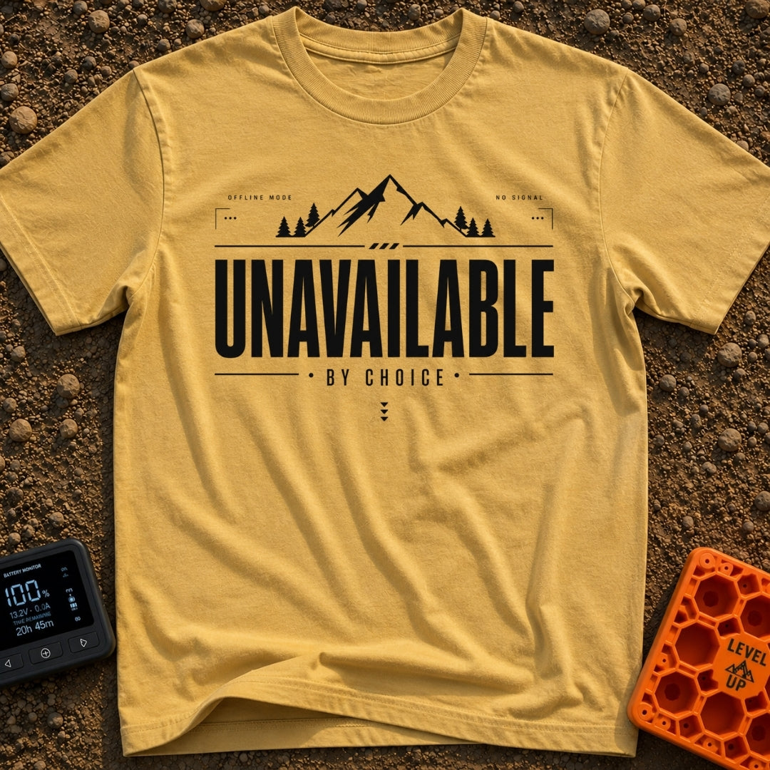 Out Of Service Area - T-Shirt in Mustard - A black and white typographic design featuring a silhouette of a mountain peak...