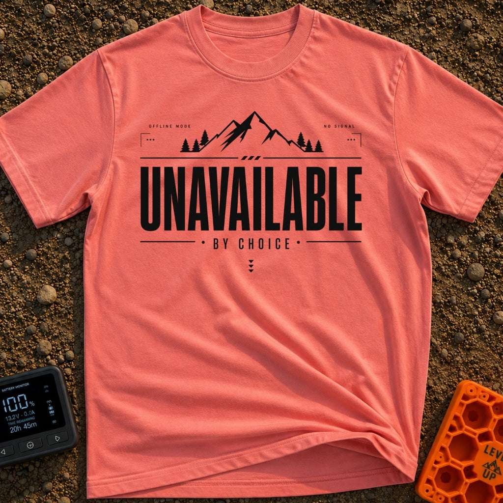 Out Of Service Area - T-Shirt in Watermelon - A black and white typographic design featuring a silhouette of a mountain...