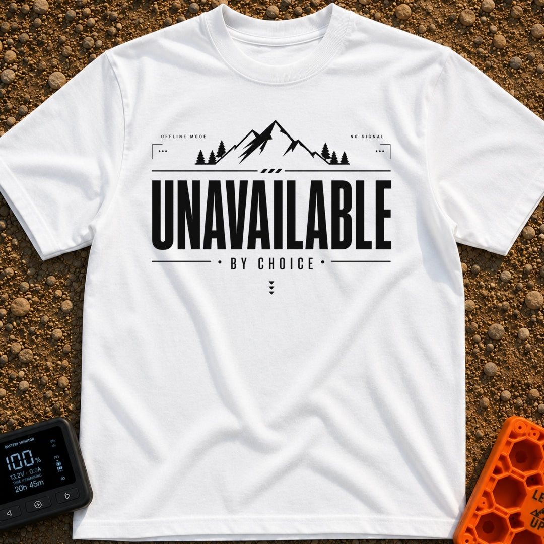 Out Of Service Area - T-Shirt in White - A black and white typographic design featuring a silhouette of a mountain peak...
