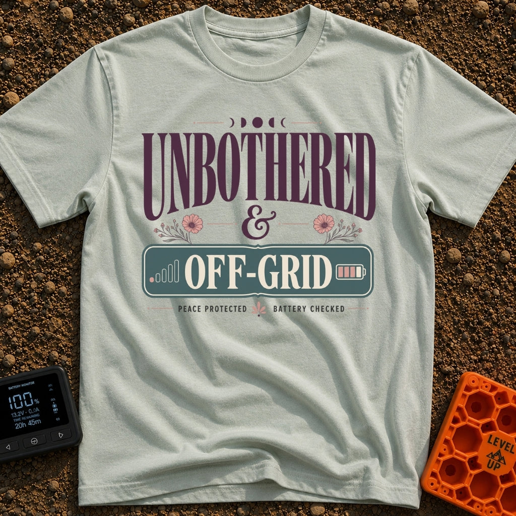 Zero Bars Zero Cares - T-Shirt in Bay - A typographic design reading "UNBOTHERED & OFF-GRID" alongside the phrases "PEACE...