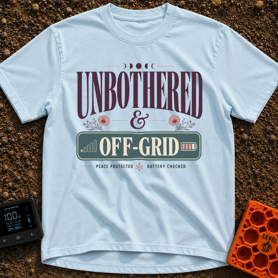 Zero Bars Zero Cares - T-Shirt in Chambray - A typographic design reading "UNBOTHERED & OFF-GRID" alongside the phrases...