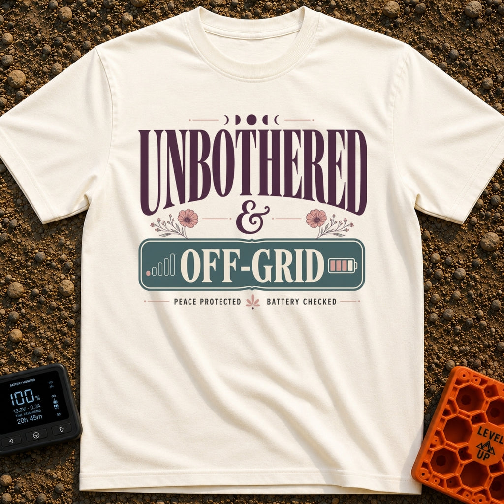 Zero Bars Zero Cares - T-Shirt in Ivory - A typographic design reading "UNBOTHERED & OFF-GRID" alongside the phrases...