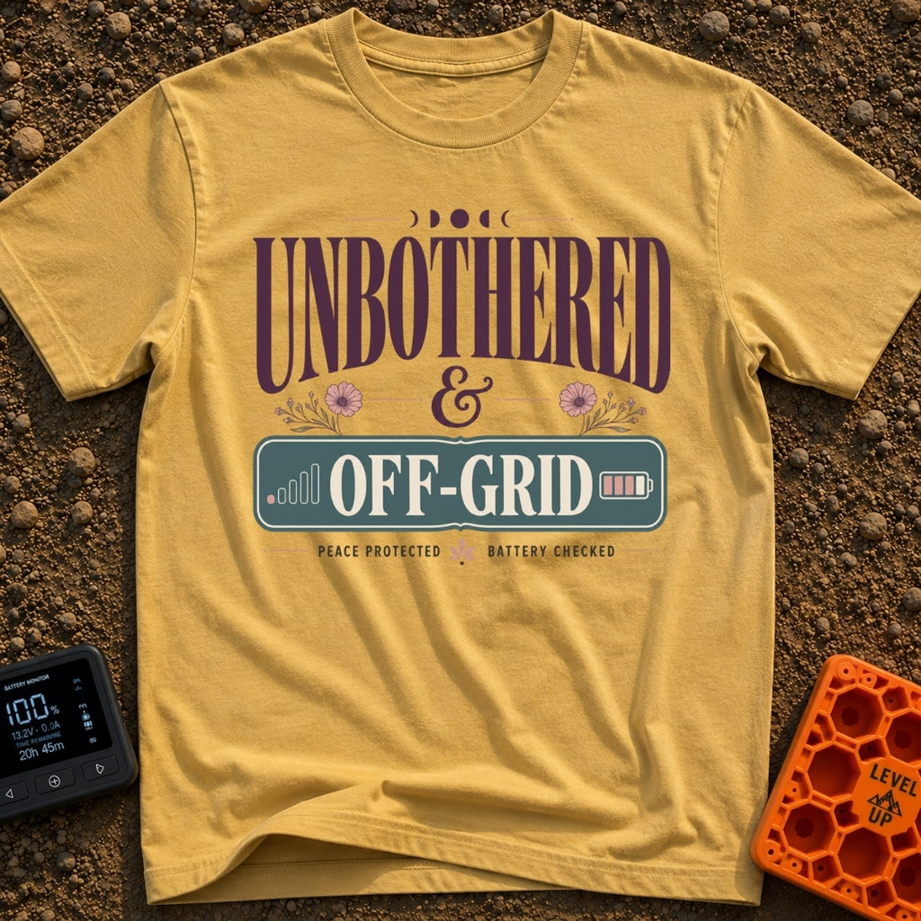 Zero Bars Zero Cares - T-Shirt in Mustard - A typographic design reading "UNBOTHERED & OFF-GRID" alongside the phrases...