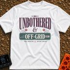 Zero Bars Zero Cares - T-Shirt in White - A typographic design reading "UNBOTHERED & OFF-GRID" alongside the phrases...