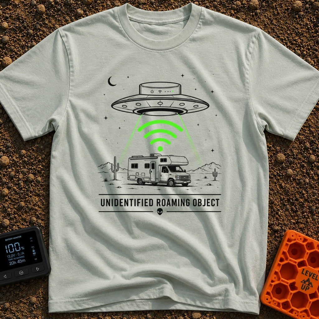Unidentified Roaming Object - T-Shirt in Bay - A black-and-white illustration of a Class C RV parked in a desert...