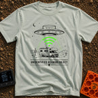 Unidentified Roaming Object - T-Shirt in Bay - A black-and-white illustration of a Class C RV parked in a desert...