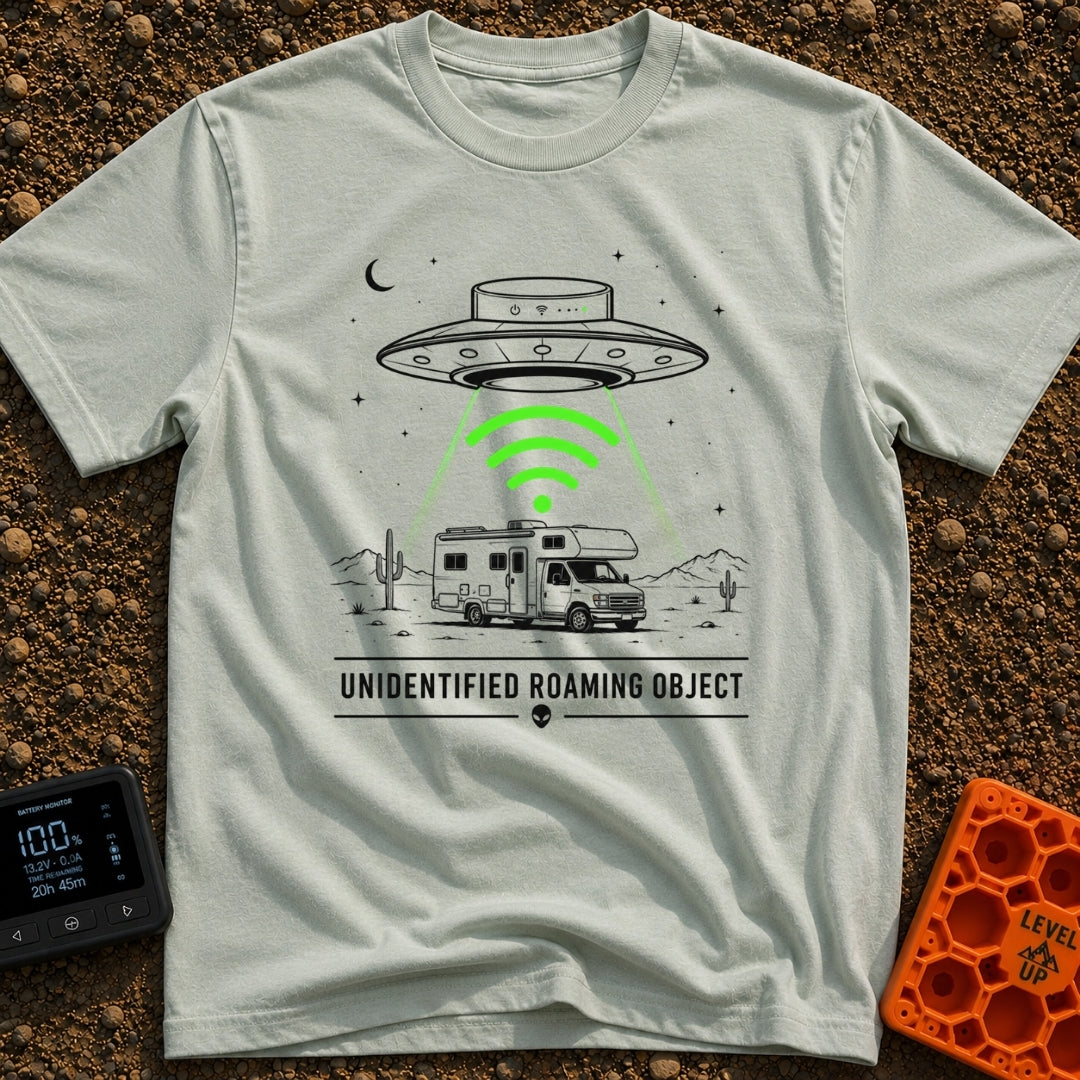Unidentified Roaming Object - T-Shirt in Bay - A black-and-white illustration of a Class C RV parked in a desert...