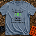 Unidentified Roaming Object - T-Shirt in Blue Jean - A black-and-white illustration of a Class C RV parked in a desert...