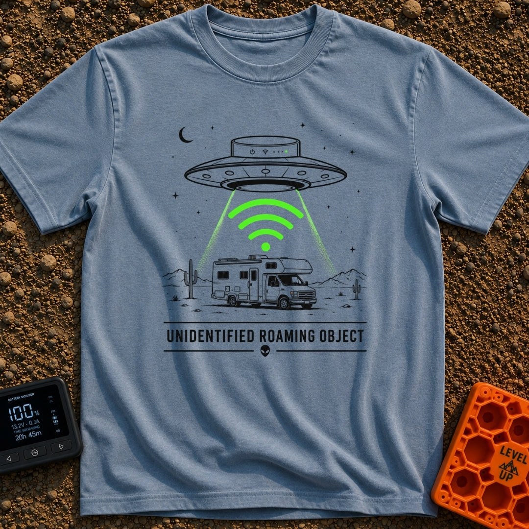 Unidentified Roaming Object - T-Shirt in Blue Jean - A black-and-white illustration of a Class C RV parked in a desert...