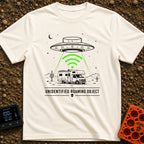 Unidentified Roaming Object - T-Shirt in Ivory - A black-and-white illustration of a Class C RV parked in a desert...
