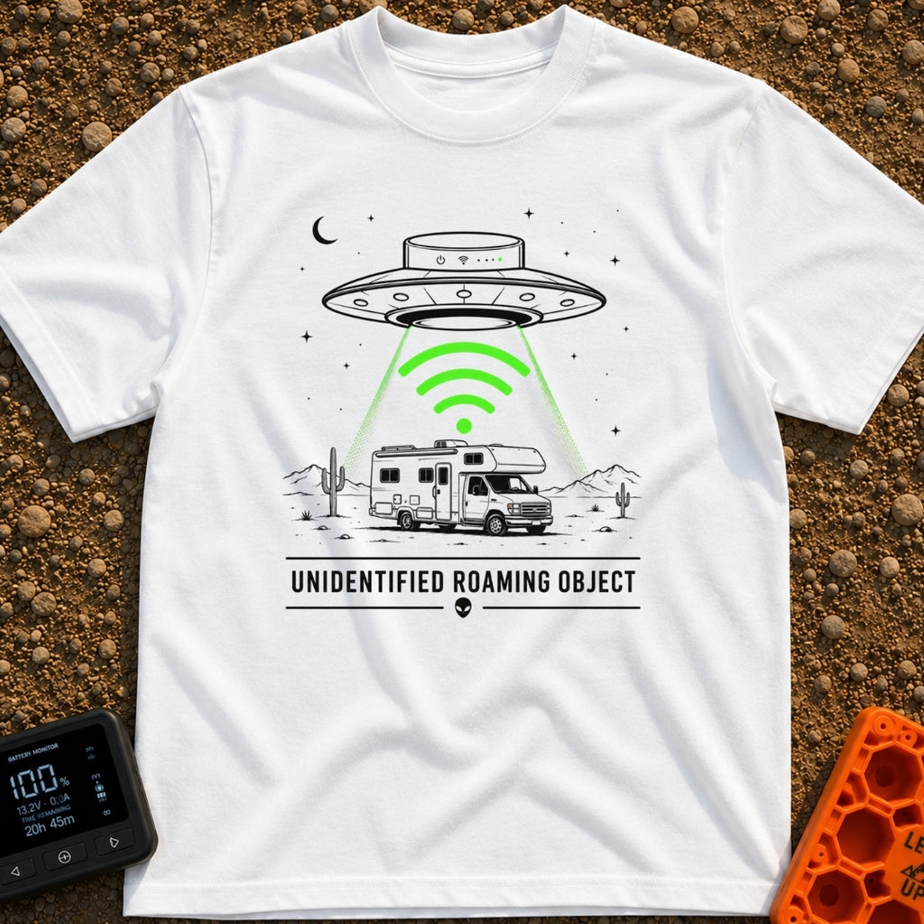 Unidentified Roaming Object - T-Shirt in White - A black-and-white illustration of a Class C RV parked in a desert...