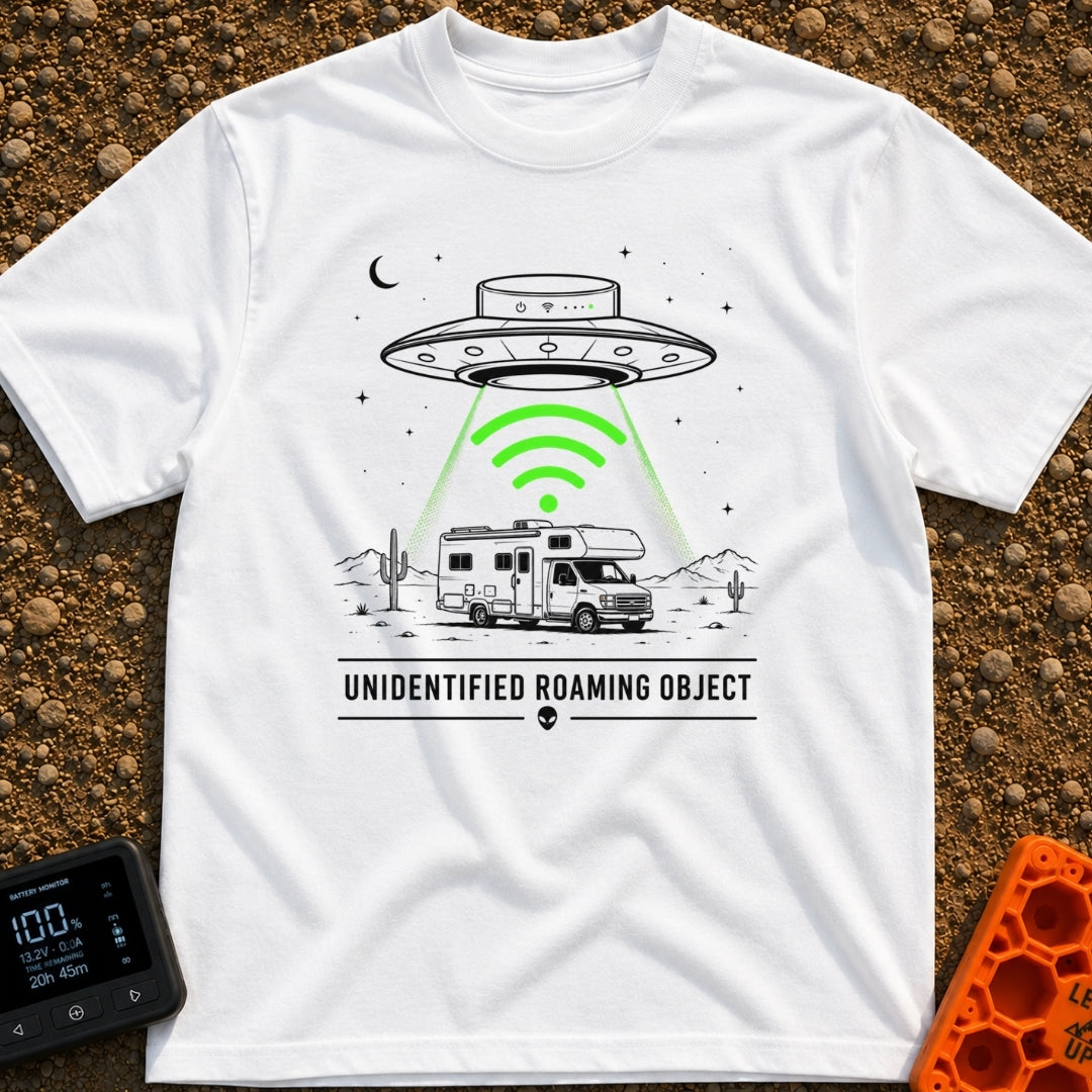 Unidentified Roaming Object - T-Shirt in White - A black-and-white illustration of a Class C RV parked in a desert...
