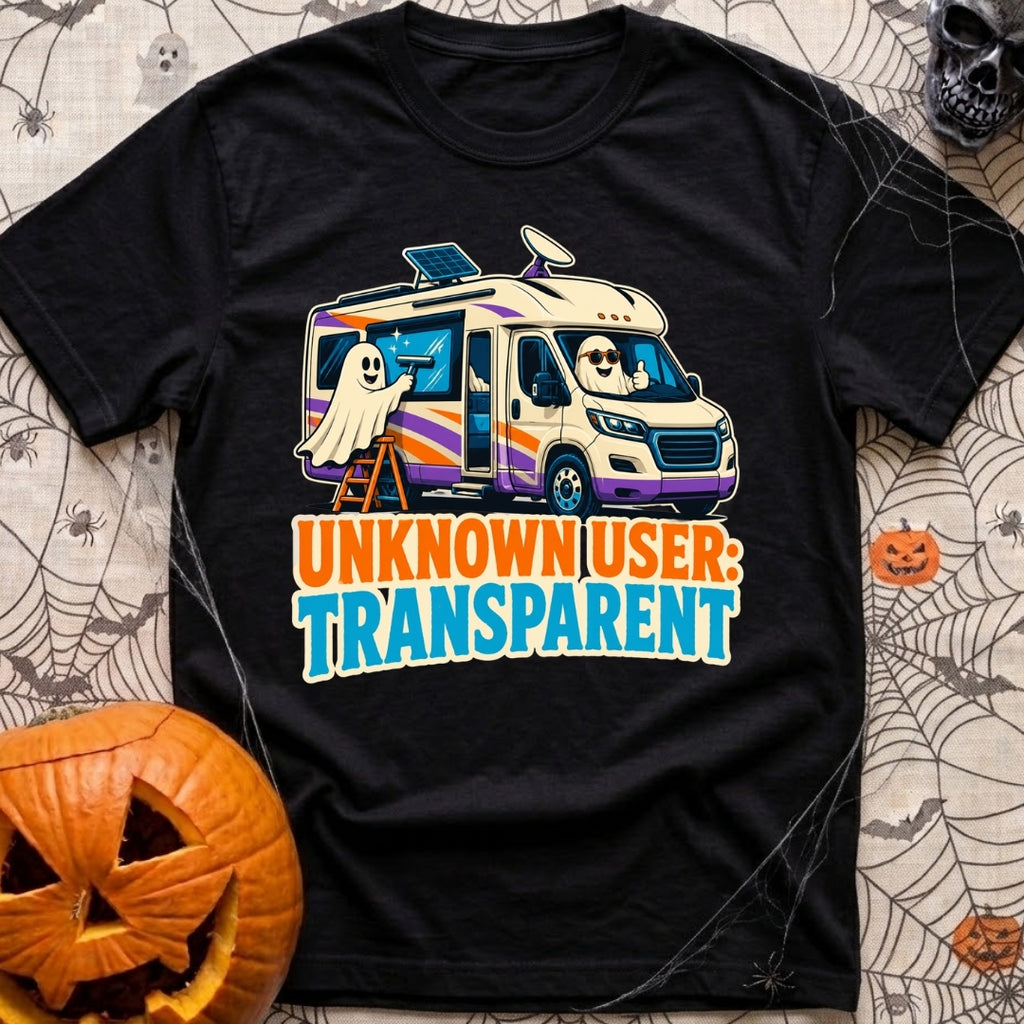 User Not Found - T-Shirt in Black - A cartoon illustration of a motorhome equipped with a roof solar panel and satellite...