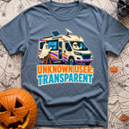 User Not Found - T-Shirt in Blue Jean - A cartoon illustration of a motorhome equipped with a roof solar panel and...