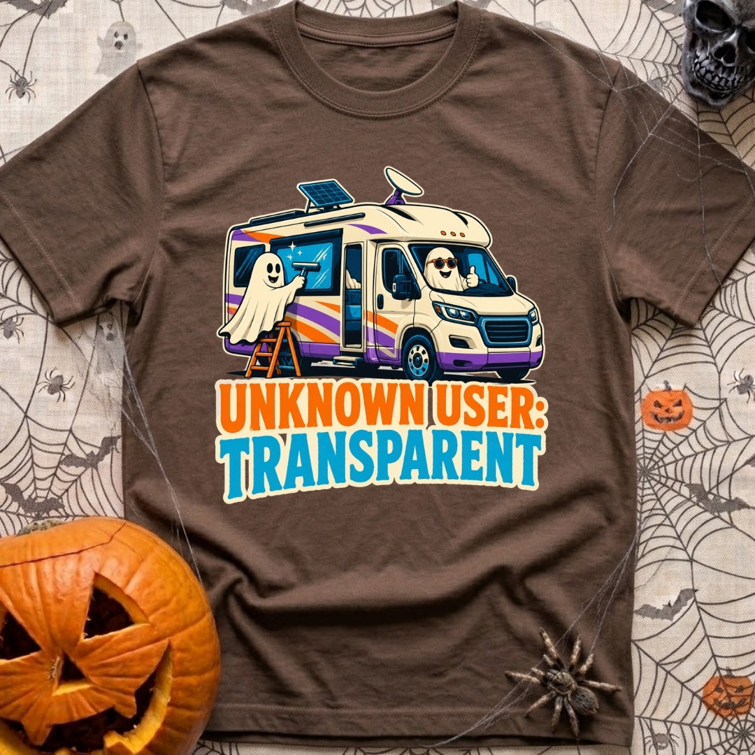 User Not Found - T-Shirt in Espresso - A cartoon illustration of a motorhome equipped with a roof solar panel and...