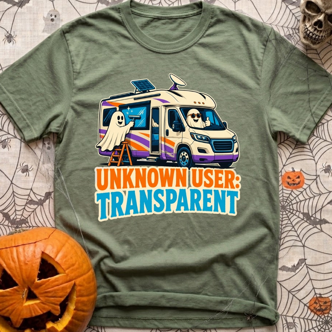 User Not Found - T-Shirt in Moss - A cartoon illustration of a motorhome equipped with a roof solar panel and satellite...