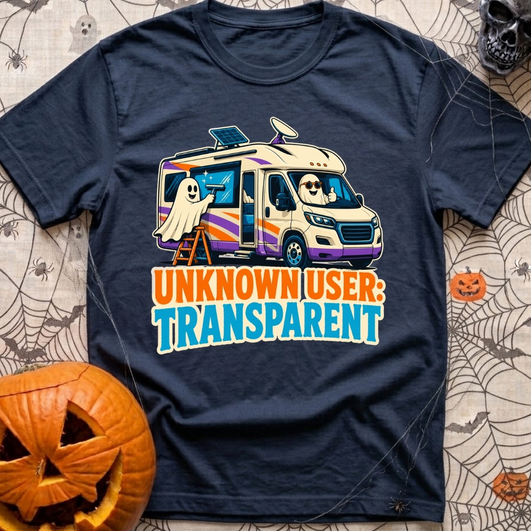 User Not Found - T-Shirt in Navy - A cartoon illustration of a motorhome equipped with a roof solar panel and satellite...