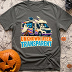 User Not Found - T-Shirt in Pepper - A cartoon illustration of a motorhome equipped with a roof solar panel and satellite...