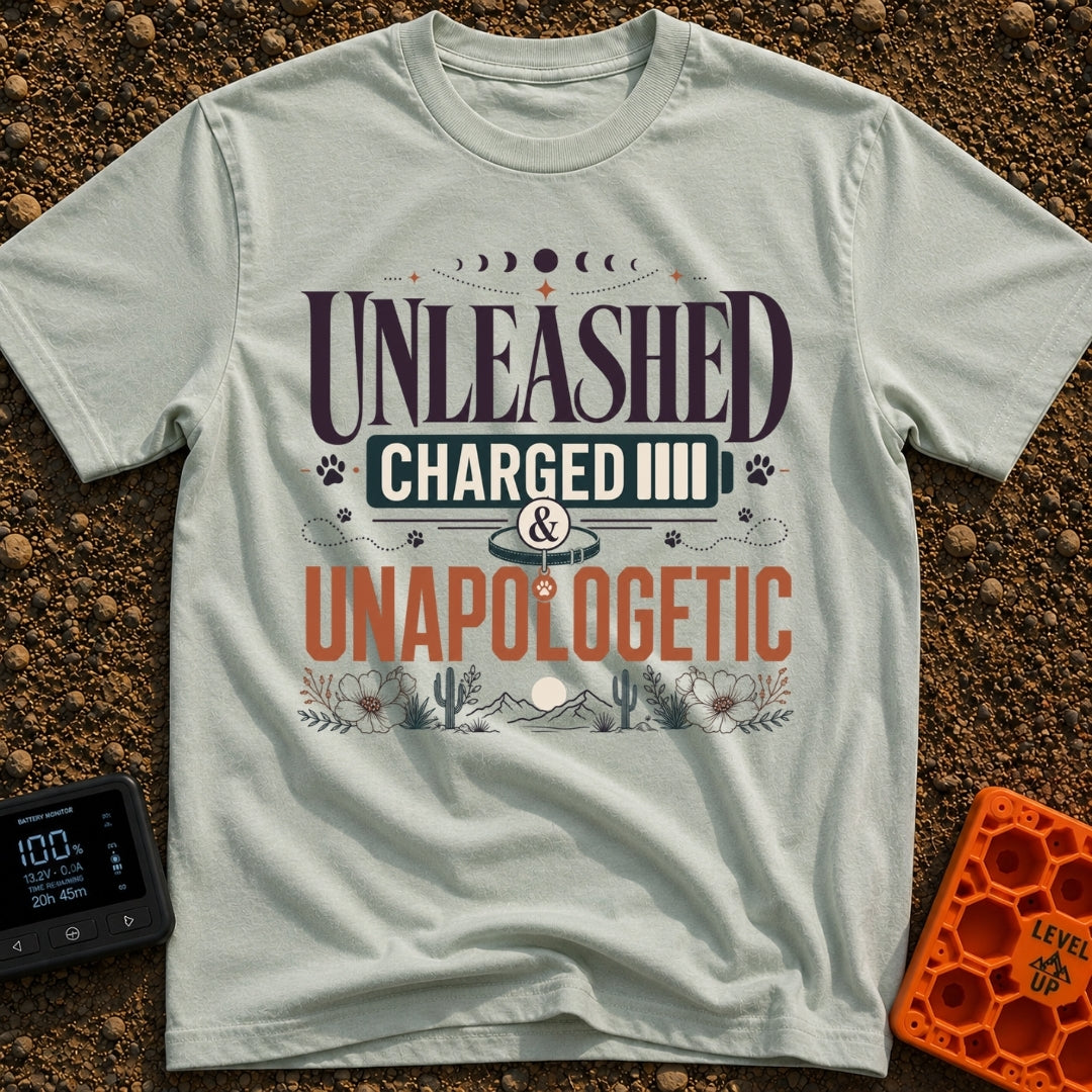 Charged And Unleashed - T-Shirt in Bay - A typographic design reading "UNLEASHED CHARGED & UNAPOLOGETIC" featuring moon...